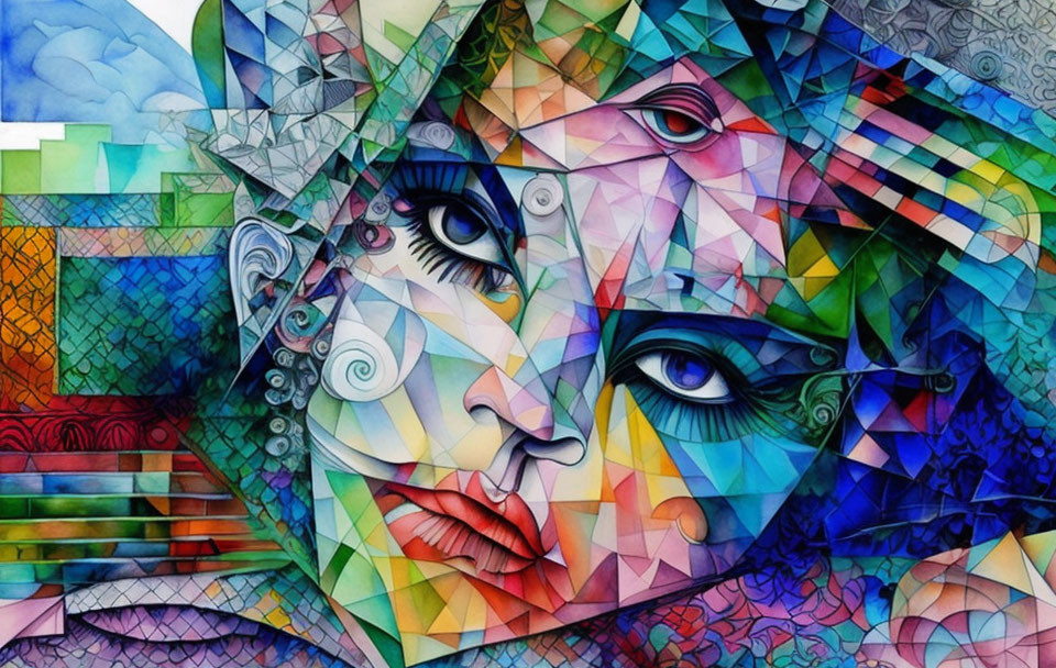 Vibrant cubist portrait with multiple eyes and geometric shapes.