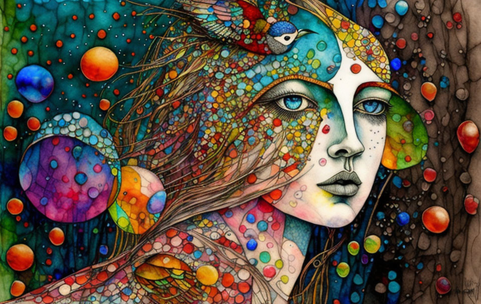 Colorful illustration of woman with patterned skin and bird, surrounded by bubbles