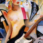 Cubist painting featuring geometric shapes and guitar in earthy tones