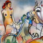 Vibrant abstract painting: nude female figure and horse in dreamlike scene