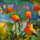 Vibrant Cubist Painting: Four Flamingos in Orange and Red