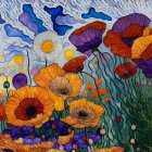 Colorful Poppy Painting with Purple and Orange Flowers on Blue and White Background