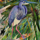 Blue Heron in Green Foliage Watercolor Painting