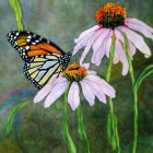 Colorful Monarch Butterfly on Pink Flower with Textured Blue-Green Background