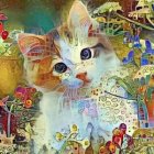 Colorful Stylized Cat Artwork with Abstract Floral Patterns