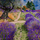 Colorful illustration of lavender fields, blooming flowers, stone path, house, and tree under cloudy