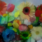 Colorful Stylized Flowers in Red, Yellow, Green, and Blue on Misty Background