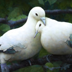 White doves nuzzling on branch with blue hints, leafy background