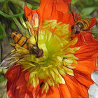 Detailed orange flower with yellow center and insects on green backdrop