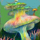 Colorful Fantasy Mushrooms Illustration on Teal Background