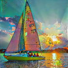 Vibrant Abstract Watercolor Painting of Sailing Boat on Mosaic Sea