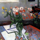 Vibrant artwork of vase, flowers, butterfly, envelopes on table