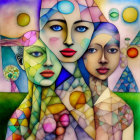 Surreal Artwork: Three Faces with Celestial and Floral Motifs