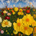 Colorful Flowers Painting Against Whimsical Blue Sky Background