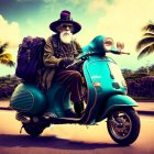 Elderly Man with Beard on Blue Scooter by Palm Tree