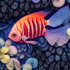 Colorful Watercolor Striped Fish Swimming in Aquatic Scene