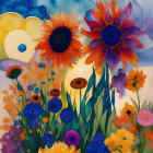 Colorful Flower Painting with Sunflowers and Blue Sky