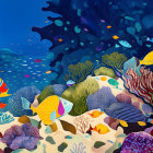 Vibrant underwater scene with fish, coral, and blue sea.