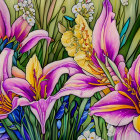 Colorful Flower Painting with Pink Lilies & Green Foliage