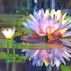 Radiant lotus flower among lily pads in luminous, ethereal scene