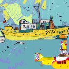 Colorful Submarine Illustration with Patchwork Patterns and Undersea Scene