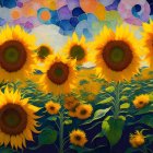 Colorful sunflower field illustration with whimsical sky swirls in vibrant meadow.