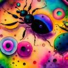 Vibrant abstract art with stylized ants and circular shapes in watercolor and ink.