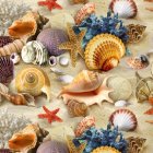 Vibrant Marine Life Illustration with Shells, Starfish, and Coral