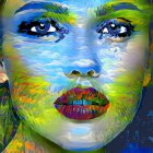 Colorful Woman's Face Illustration with Nature Motifs and Blue Eyes