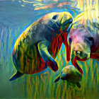 Colorful Underwater Painting of Three Manatees in Vibrant Setting