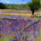 Colorful lavender field landscape with spiral tree and whimsical flowers.