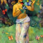 Colorful Woman Holding Butterfly Surrounded by Flora and Butterflies