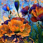 Colorful Stained Glass Artwork: Poppies and Flowers on Blue Background