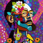 Vibrant portrait of a bearded person with floral face cover, bold background patterns, and glasses