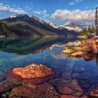 Serene lake with autumn trees and snow-capped mountains in watercolor