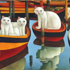 Three white cats with blue eyes in colorful rowboats on calm water