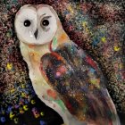 Stylized owl watercolor painting with large eyes on multicolored background