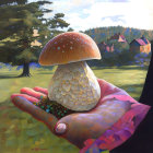 Hand holding large mushroom in sunny meadow with cottage