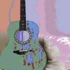 Vibrant psychedelic art: acoustic guitar and open book with intricate patterns