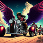 Group of motorcyclists with eagle wings riding on road under red sky