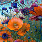 Colorful painting: Van Gogh-inspired poppies in fiery orange-red against swirling blue sky