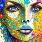 Vibrant artistic portrait of a woman with blue eyes and abstract patterns