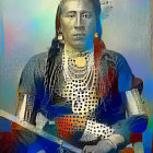 Colorful Native American figure with feathered headdress and staff on abstract backdrop