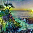 Colorful Stylized Landscape with Trees, Pebbles, and Waves at Sunrise or Sunset