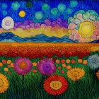 Surreal landscape with stylized flowers under multiple moons and suns