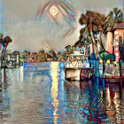 Canal scene with moored boats, buildings, full moon, and plane at twilight