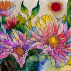 Colorful Floral Illustration with Purple, Red, and Yellow Flowers on Pastel Stained Glass Background