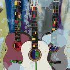 Colorful Abstract Art Background Featuring Three Vibrant Guitars