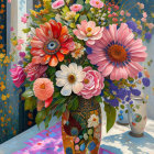 Colorful bouquet in ornate vase with butterfly on patterned surface