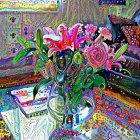 Colorful Expressionist Painting of Flowers in Vase in Decorated Room